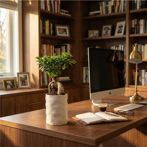  Sulla scrivania in noce con lampada ottone, espresso, agenda in pelle, luce pomeridiana calda
