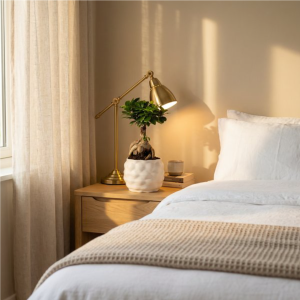 Bonsai ficus ginseng Athena su comodino rovere in camera da letto con luce calda