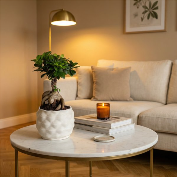 Bonsai ficus ginseng Athena su tavolino marmo in soggiorno moderno con lampada dorata