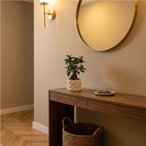 Bonsai ficus ginseng in vaso ceramica smaltata bianco su tavolino marmo in soggiorno moderno