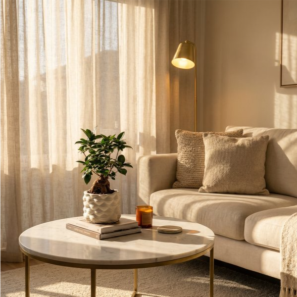 Bonsai ficus ginseng in vaso ceramica smaltata bianco su tavolino marmo in soggiorno moderno