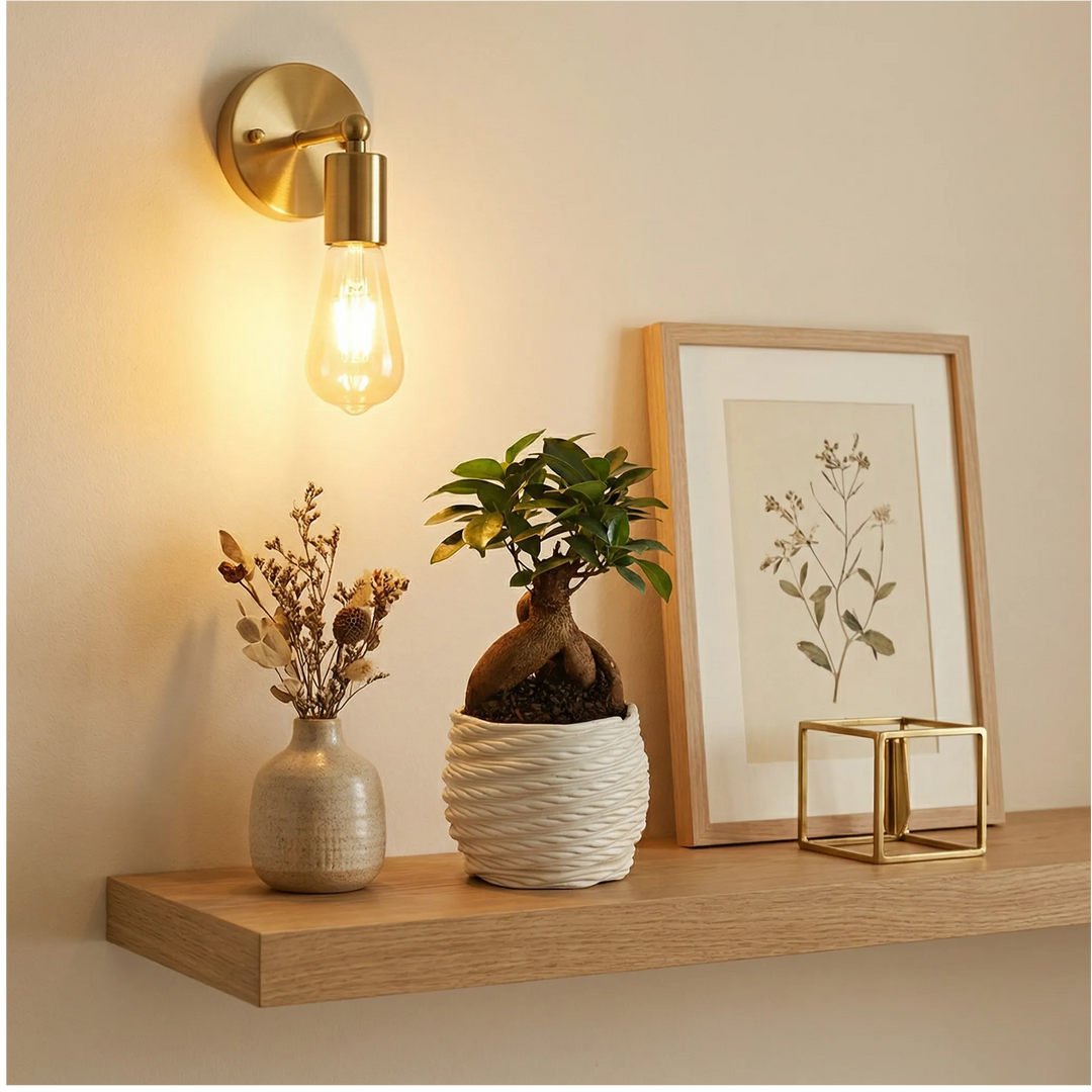 Bonsai ficus ginseng su mensola in legno con applique dorata e decorazioni moderne