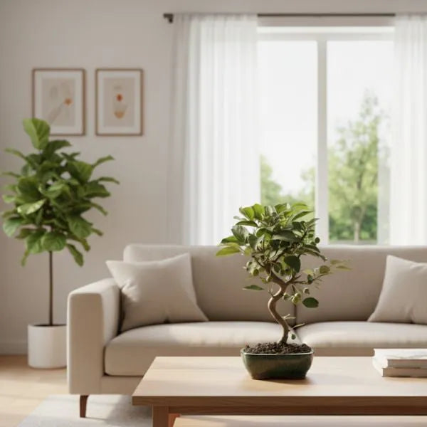 Bonsai melo con piccoli frutti verdi in vaso di ceramica verde posizionato su tavolino in soggiorno moderno e luminoso.