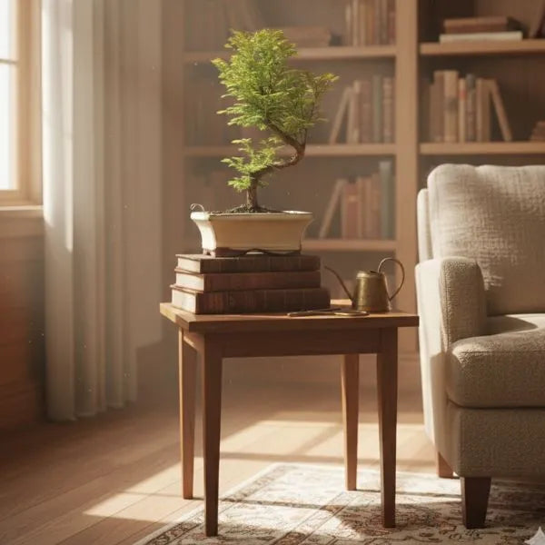 Bonsai Metasequoia 7 anni su tavolino con libri, ideale per decorazione esterna