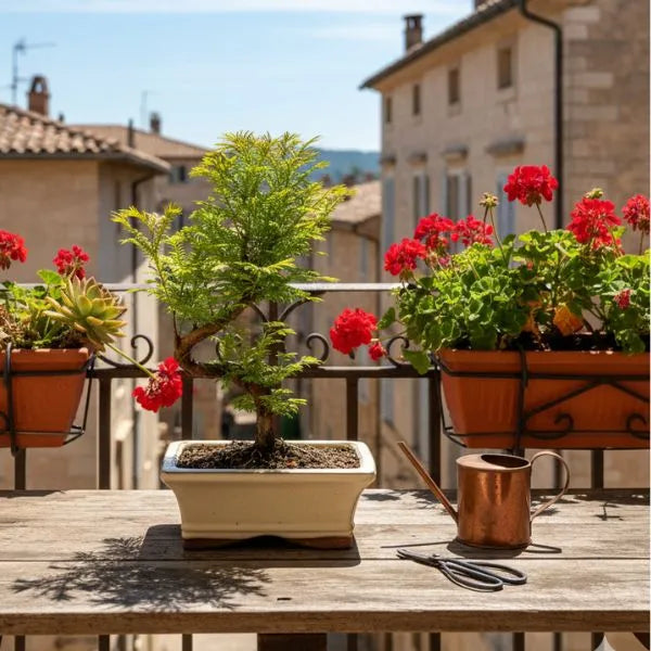 Bonsai Metasequoia 7 anni su balcone fiorito, perfetto per esterni