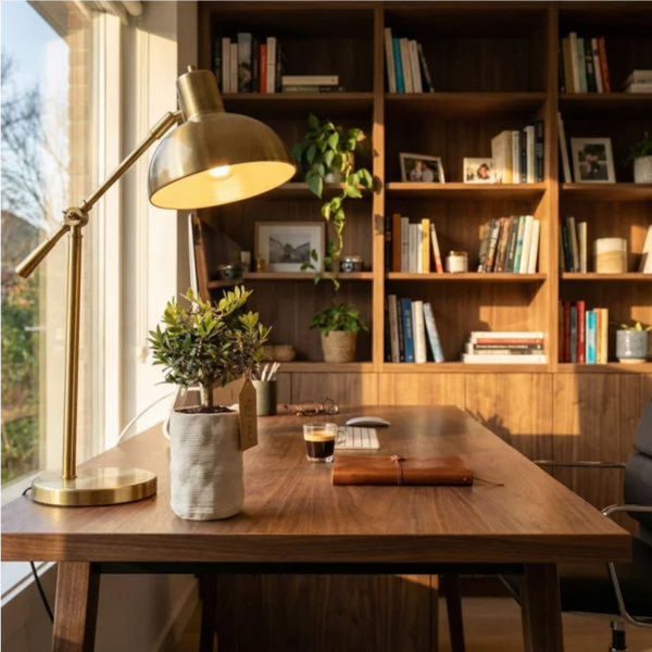  Sulla scrivania in noce accanto alla lampada in ottone, espresso e agenda in pelle, luce pomeridiana calda