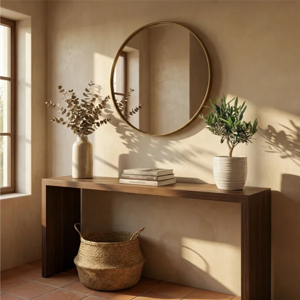 Il bonsai sulla consolle in noce, più piccolo del vaso con eucalipto, accanto a libri di design. Specchio rotondo in ottone, cesto seagrass, pavimento in cotto, luce dorata pomeridiana con ombre morbide sulla parete.