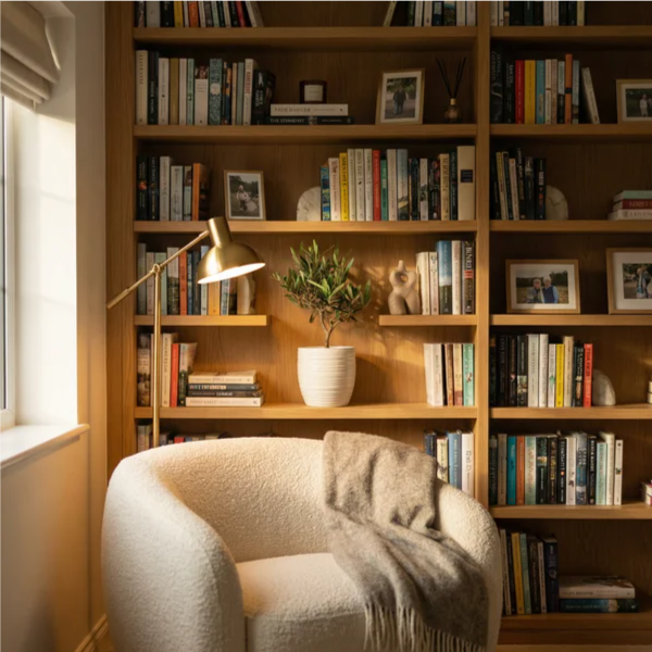  Sullo scaffale tra libri e scultura in ceramica, nella grande libreria a parete in rovere. Poltrona bouclé con plaid, lampada da lettura in ottone, luce calda.