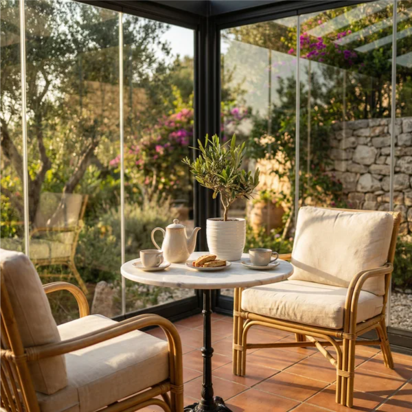 Sul tavolino bistrot in marmo con teiera, tazzine e biscotti. Vista giardino con ulivi e bouganville attraverso le vetrate, luce dorata pomeridiana.
