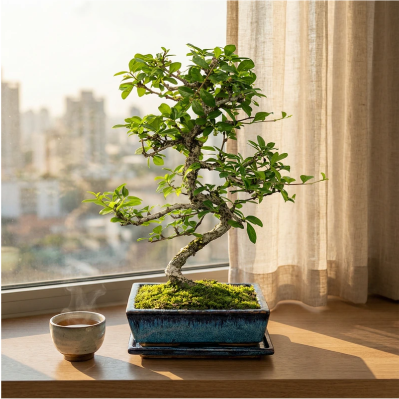 Bonsai Carmona microphylla Collezione Premium con tronco elegante e chioma verde in vaso bonsai blu vicino alla finestra con luce naturale.