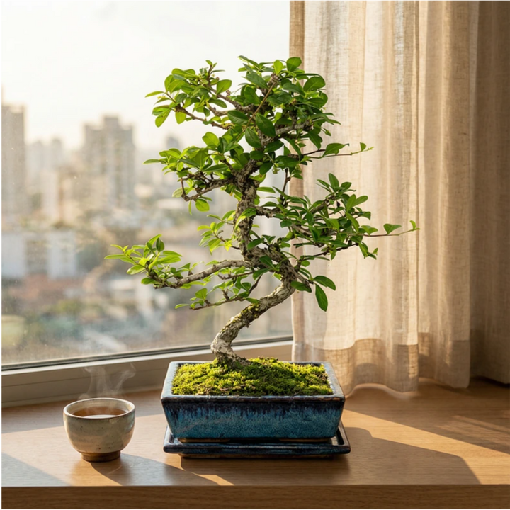 Bonsai Carmona microphylla Collezione Premium con tronco elegante e chioma verde in vaso bonsai blu vicino alla finestra con luce naturale.
