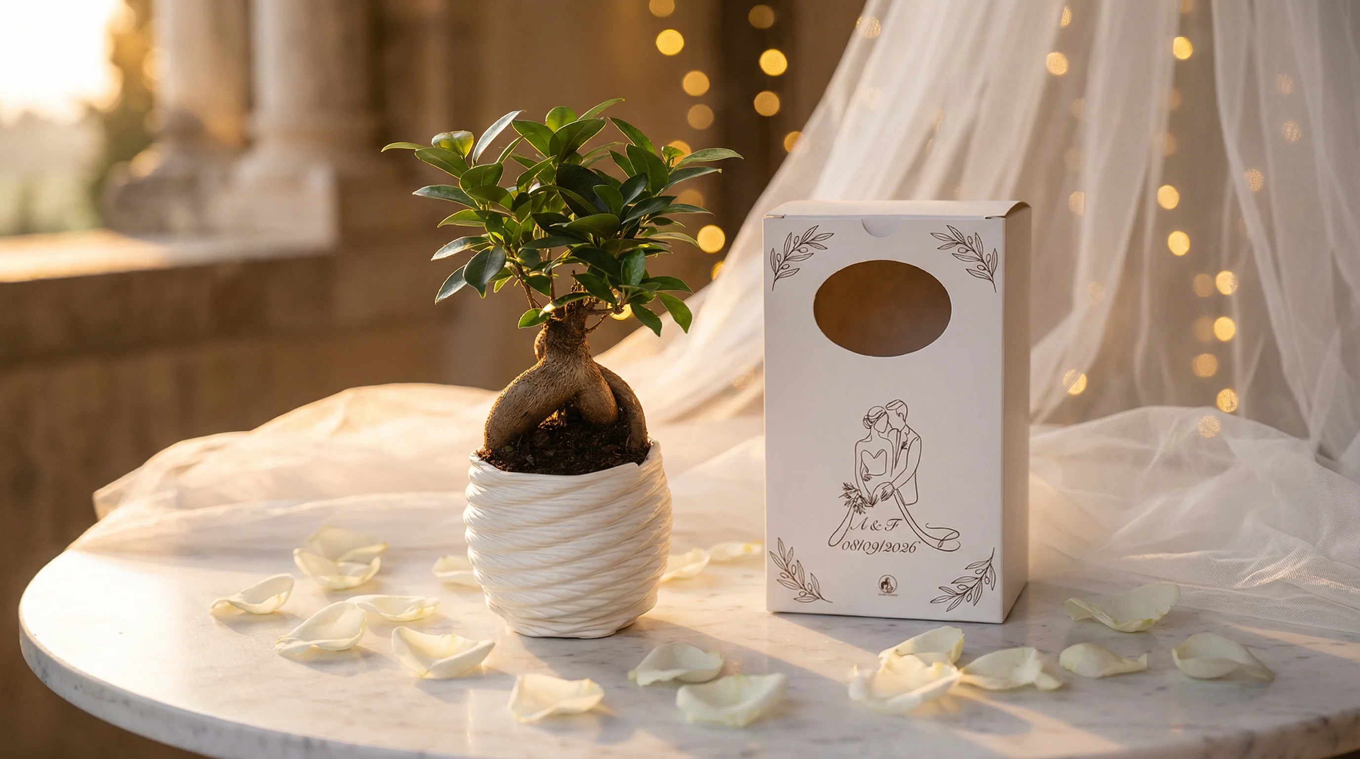 Bonsai ficus ginseng in vaso ceramica con packaging personalizzato matrimonio