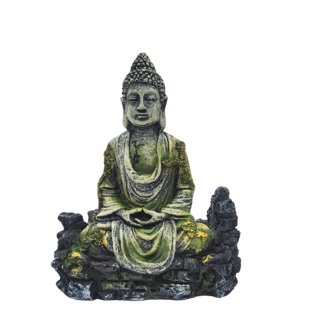 Statua del Buddha in resina effetto pietra, decorazione zen per terrarium, composizioni e spazi meditativi, design orientale con dettagli muschio