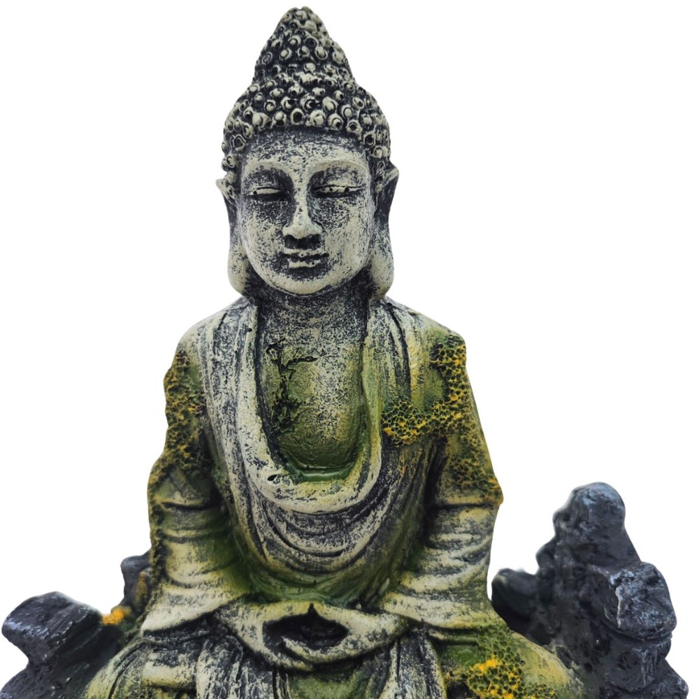 Dettaglio del volto del Buddha in resina, design orientale con texture effetto pietra e muschio verde, decorazione zen per composizion