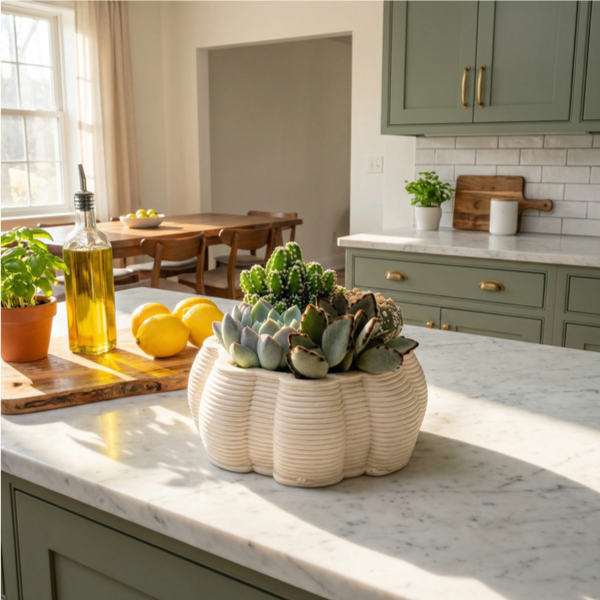 Succulente e cactus in vaso Itis in ceramica artigianale posizionato su isola cucina in marmo, idea decorativa per cucina open space.