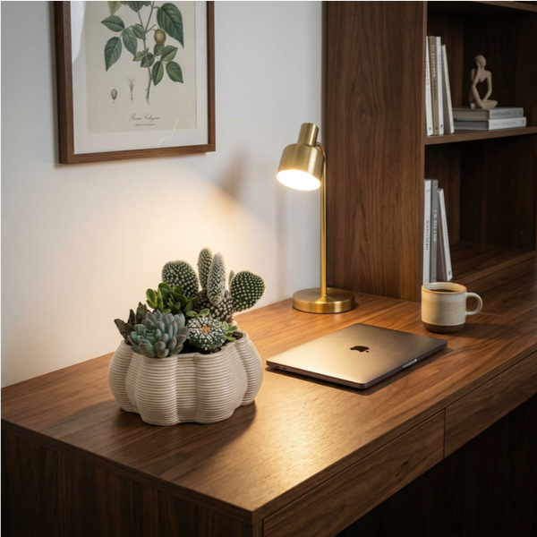 Composizione di piante grasse e cactus in vaso Itis in ceramica artigianale su scrivania in legno con lampada da tavolo e libreria, idea decorativa per studio o home office.