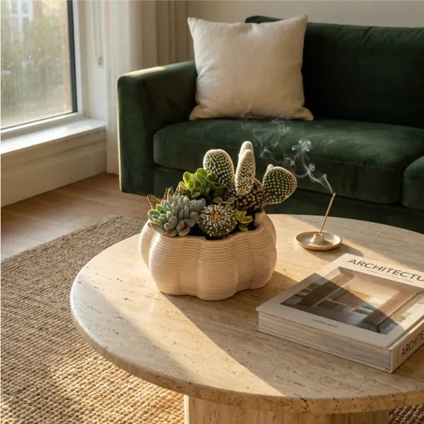 Composizione di succulente e cactus in vaso Dioniso su tavolino rotondo in soggiorno con divano verde, complemento d’arredo elegante e facile da gestire.