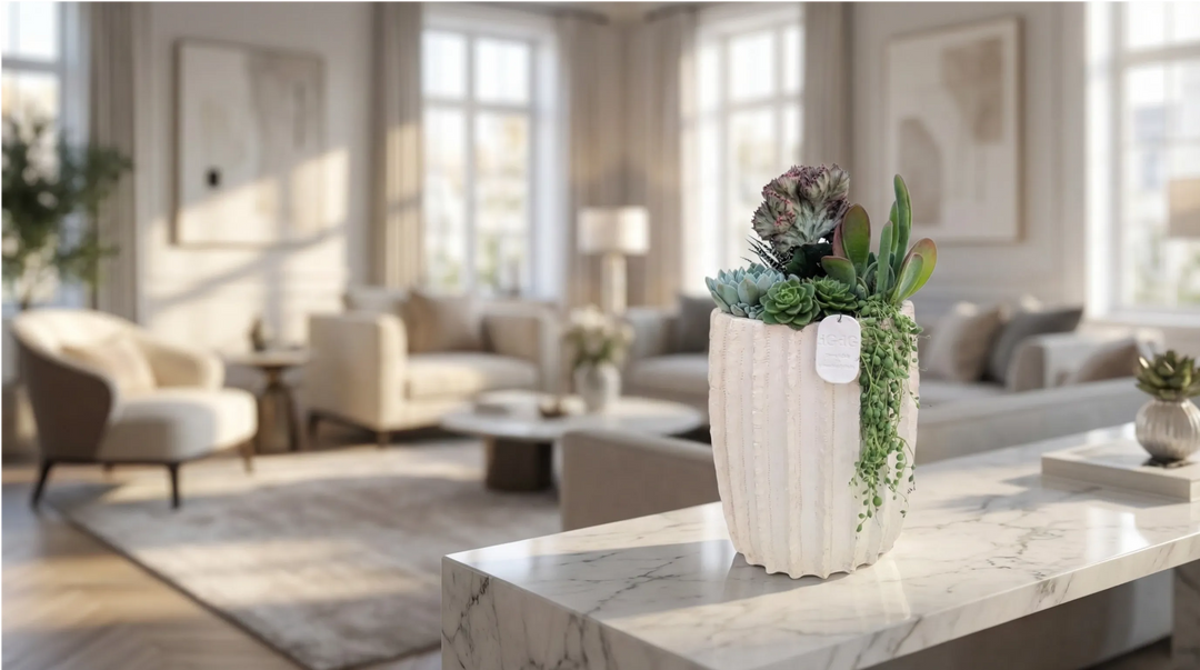 	Composizione di piante grasse vere in vaso di ceramica beige, ideale per arredo casa