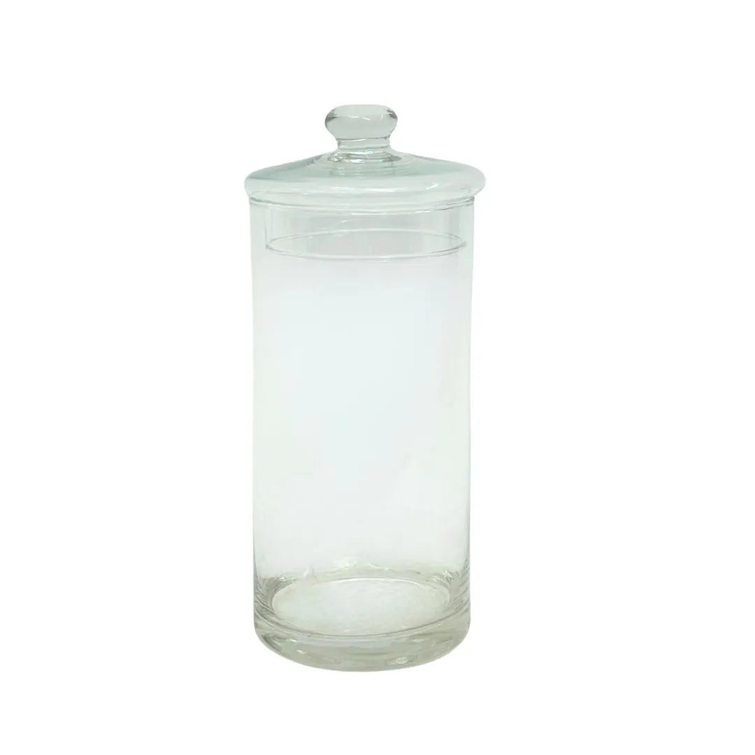 Vaso cilindrico in vetro soffiato trasparente con coperchio in vetro, H25 cm D10 cm

