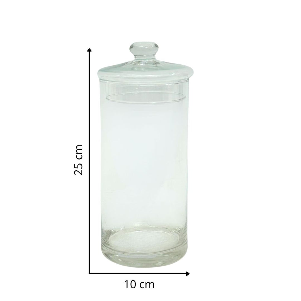 Contenitore in vetro soffiato vuoto con coperchio, altezza 25 cm e diametro 10 cm