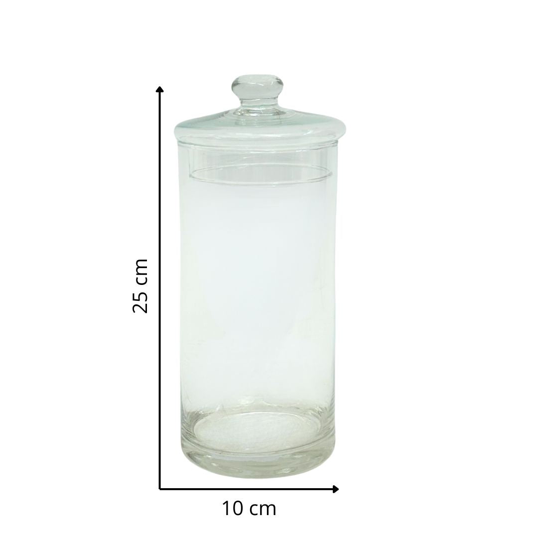 Contenitore in vetro soffiato vuoto con coperchio, altezza 25 cm e diametro 10 cm