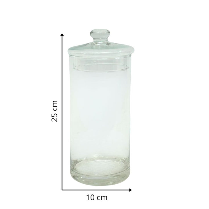 Contenitore in vetro soffiato vuoto con coperchio, altezza 25 cm e diametro 10 cm