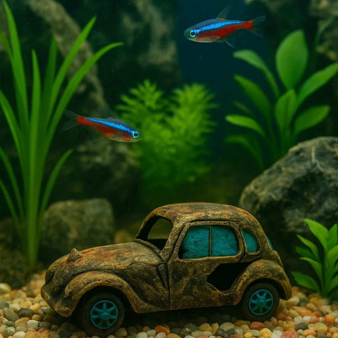 Decorazione per acquario a forma di auto d'epoca in resina, immersa tra piante acquatiche e ghiaia colorata con pesci neon. Ornamento per acquari d'acqua dolce, ideale per creare ambientazioni scenografiche naturali.

