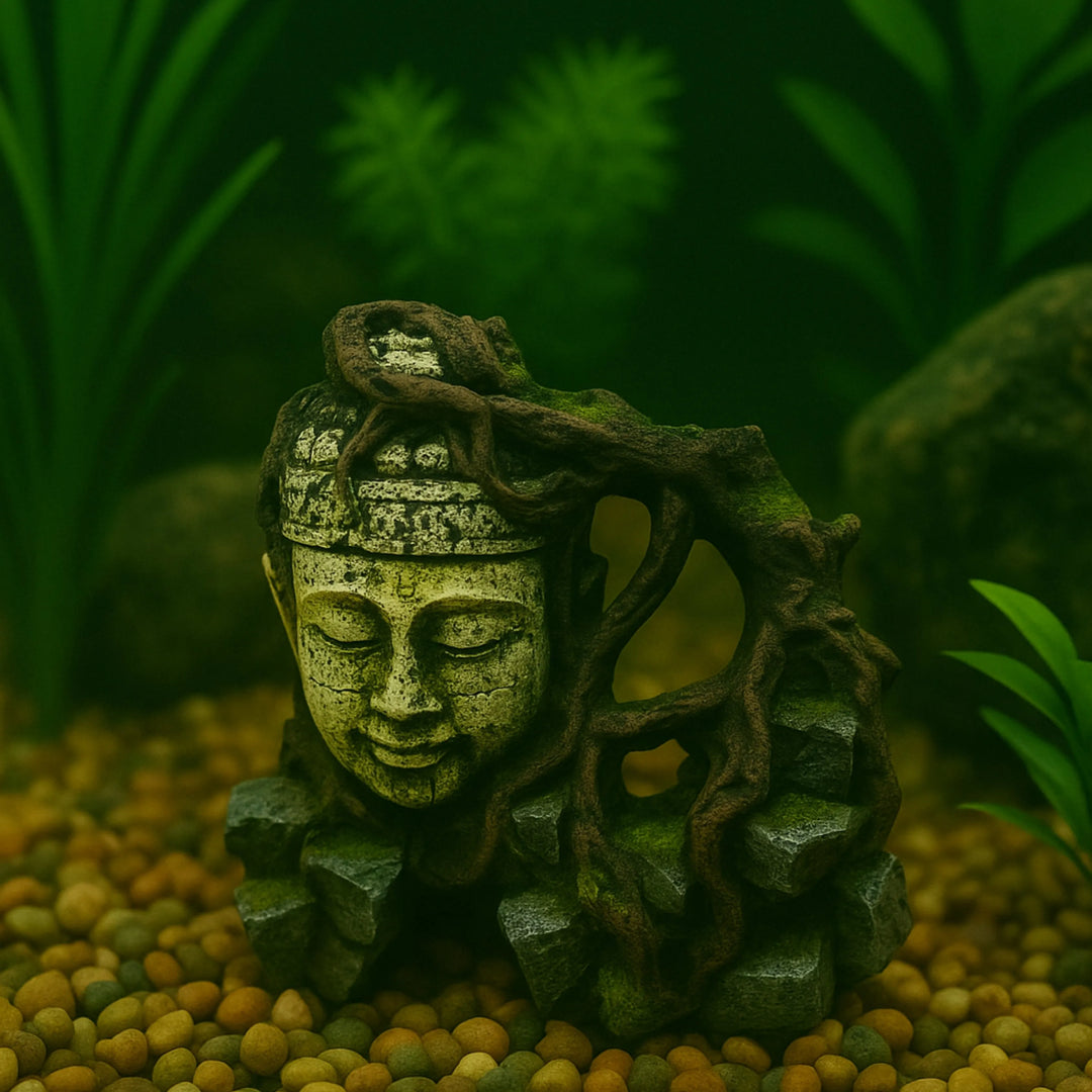 Statua decorativa per acquario o terrario raffigurante una testa di Buddha in stile antico, scolpita con solchi profondi e avvolta da radici e rocce. Effetto anticato con dettagli muschiosi per arredo tematico zen e naturale.