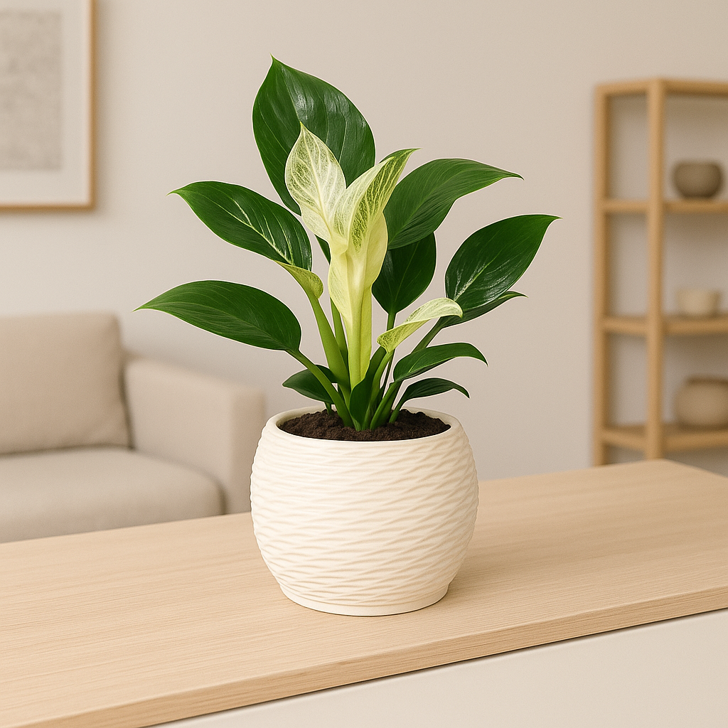 Pianta decorativa Dieffenbachia Compacta in vaso bianco moderno su mobile in salotto minimal. Foglie verdi lucide con variegature chiare, ideale per arredamento d'interni elegante e green.

