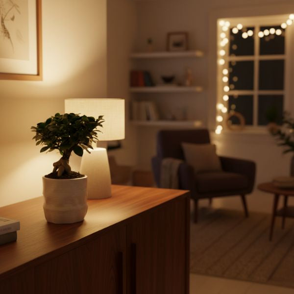 Ficus Ginseng in vaso alto in ceramica posizionato su mobile in soggiorno moderno con illuminazione calda serale
