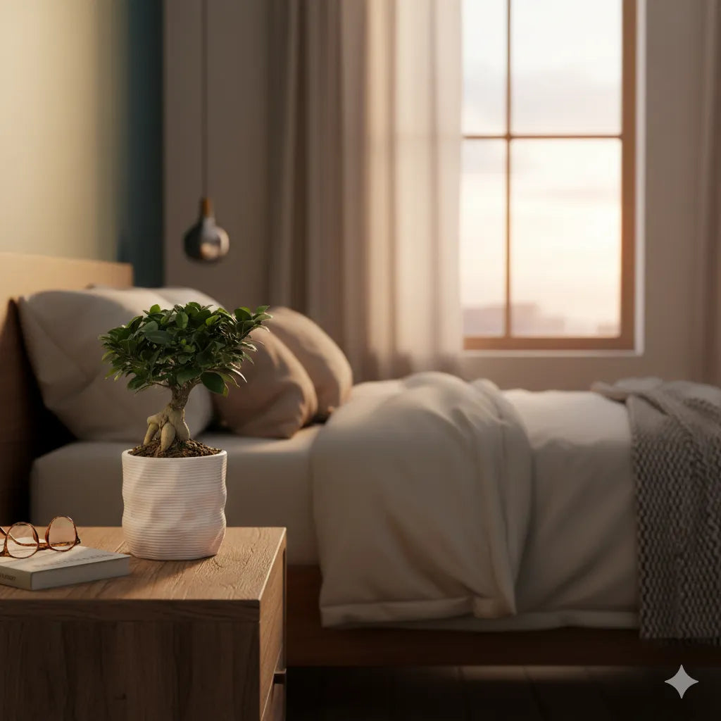 Ficus Ginseng in vaso alto in ceramica posizionato su mobile in soggiorno moderno con illuminazione calda serale