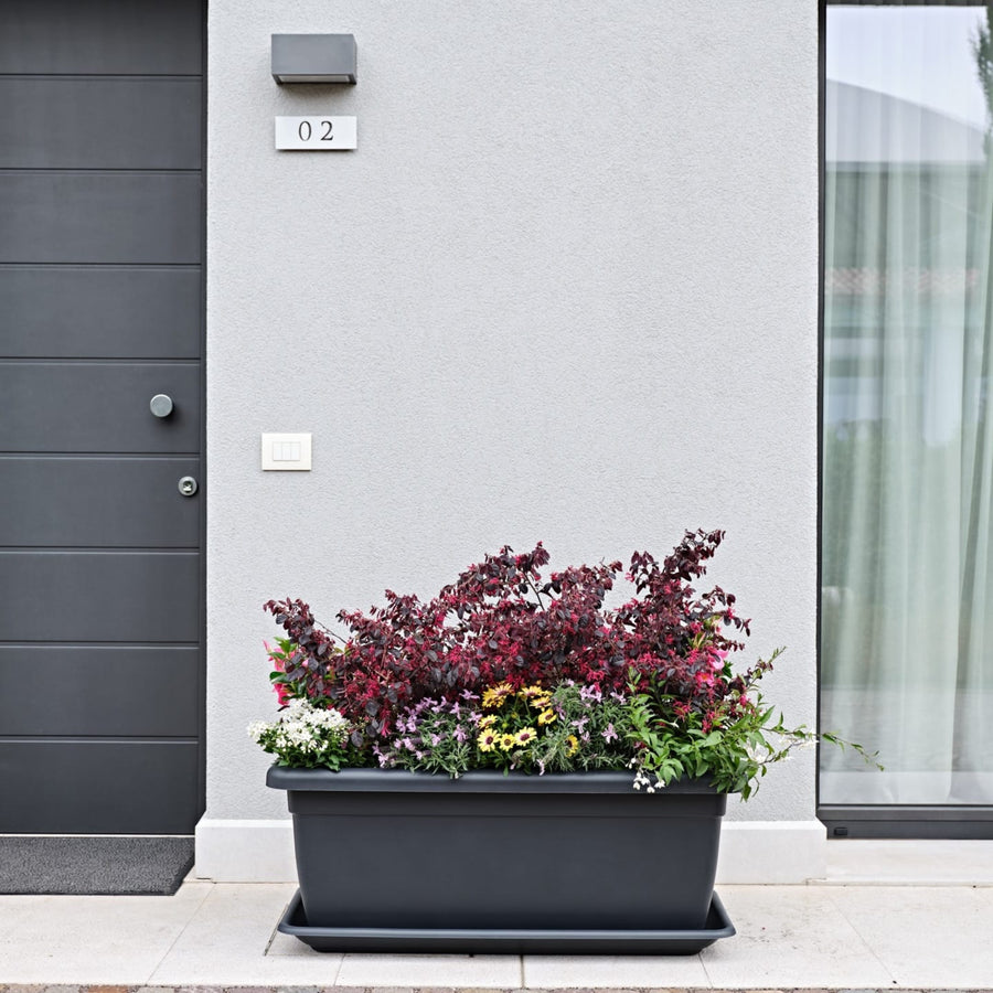 Fioriera grande nera da esterno con fiori colorati davanti a porta d’ingresso moderna.