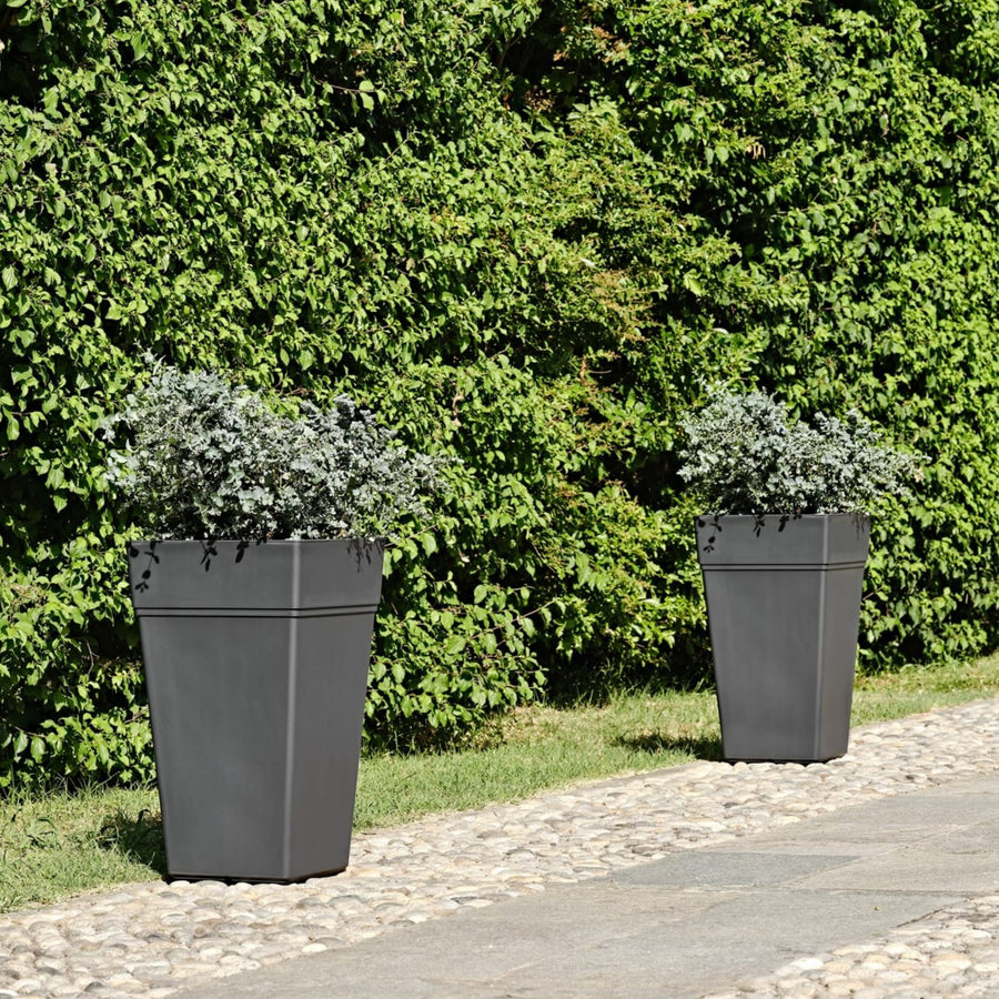 Due fioriere alte antracite con piante grigio-verdi, posizionate su un vialetto lastricato accanto a una siepe verde.