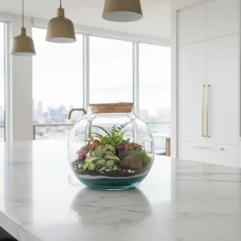 Terrarium piante in vetro - Dettaglio delle piante verdi all'interno del terrarium