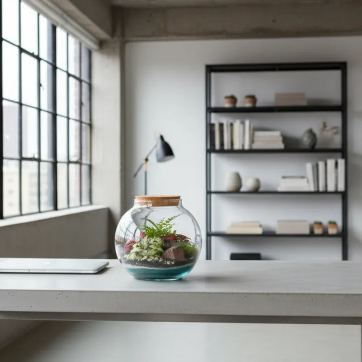 Terrarium piante cura - Terrarium con piante verdi su una scrivania illuminata