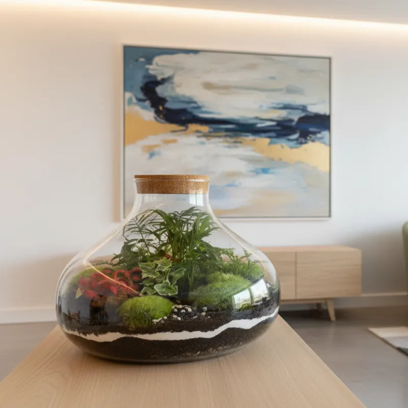 Terrarium piante cura - terrarium posizionato su un tavolo in un ambiente interno luminoso