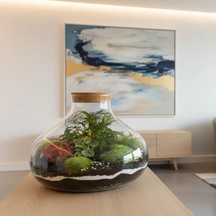 Terrarium piante cura - terrarium posizionato su un tavolo in un ambiente interno luminoso