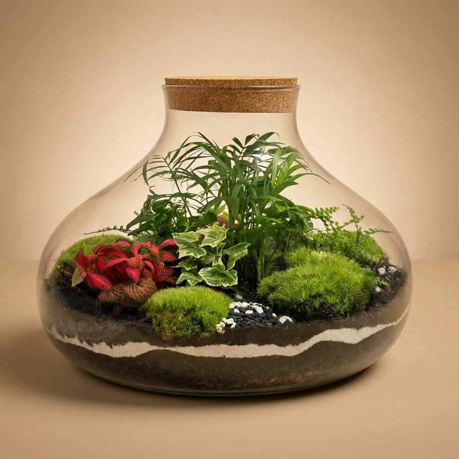 Terrarium piante verdi - vista frontale del terrarium con diverse piante e muschio