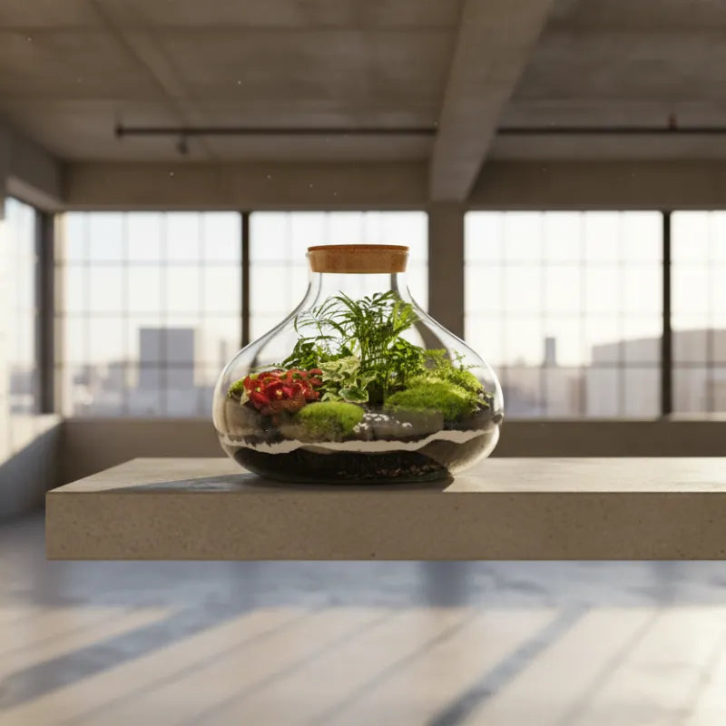 Terrarium piante in vetro - dettaglio delle piante verdi all'interno del contenitore in vetro