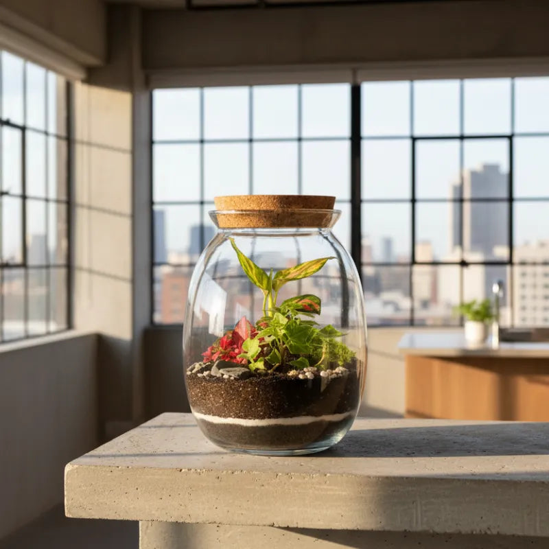 Terrarium piante da interno - Vista laterale che mostra il design compatto