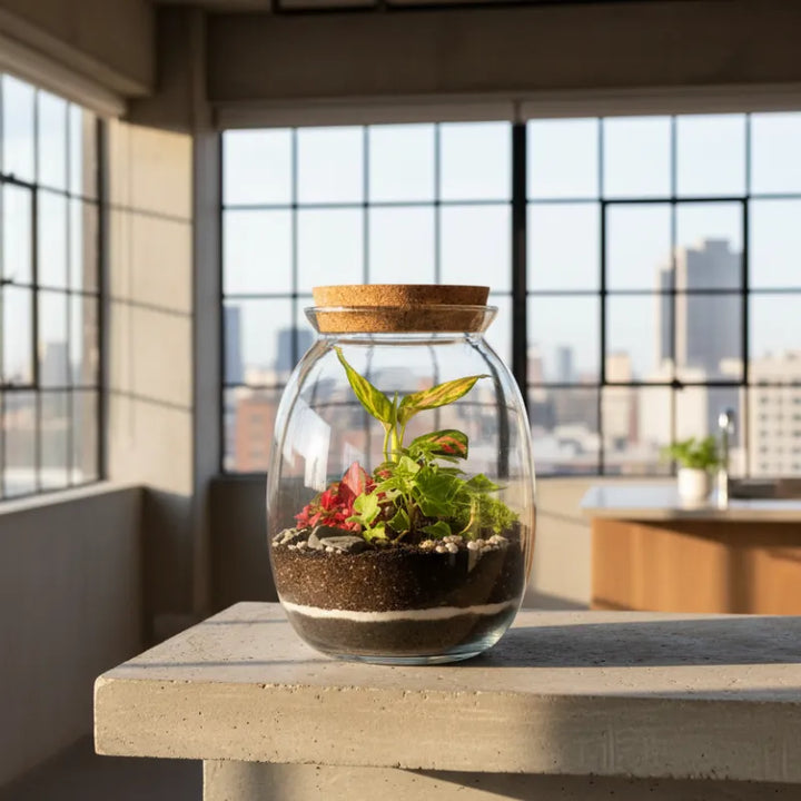 Terrarium piante da interno - Vista laterale che mostra il design compatto