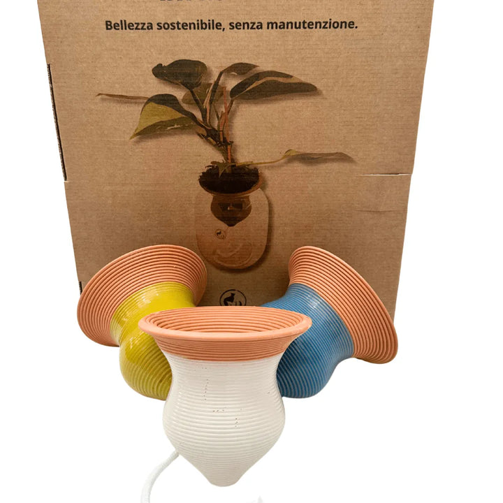 Set di coni Hydro Terra in argilla colorata con filo assorbente per idrocoltura naturale, davanti a confezione con scritta “Bellezza sostenibile, senza manutenzione”.