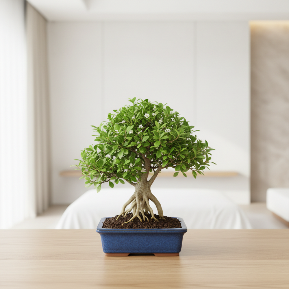 Bonsai Serissa Phoetida con fiori bianchi delicati e foglie verdi su un tavolo in legno chiaro in un salotto luminoso e minimalista