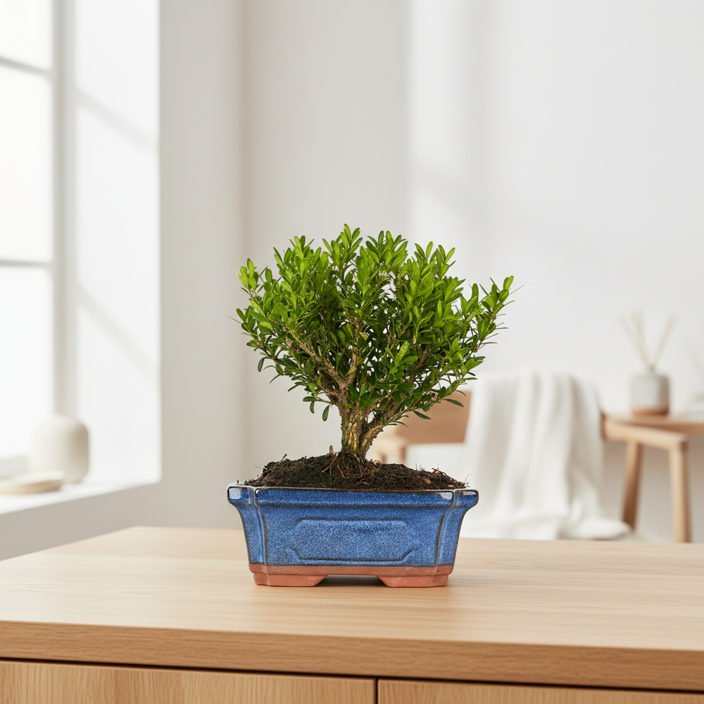 Bonsai Buxus Harlandii 6 anni Collezione Premium - vista ravvicinata su superficie in legno con luce naturale
