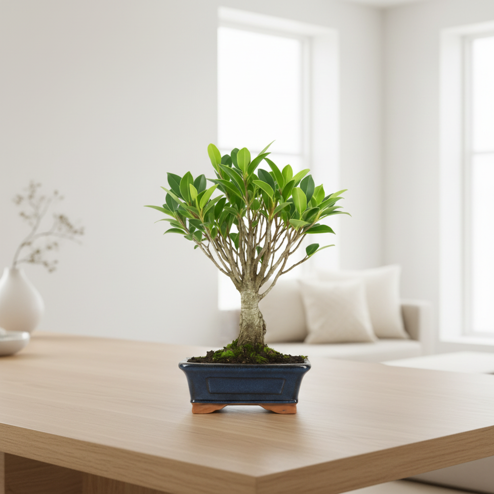 Bonsai Ficus Retusa - radici aeree visibili e fogliame denso su tavolo in legno chiaro