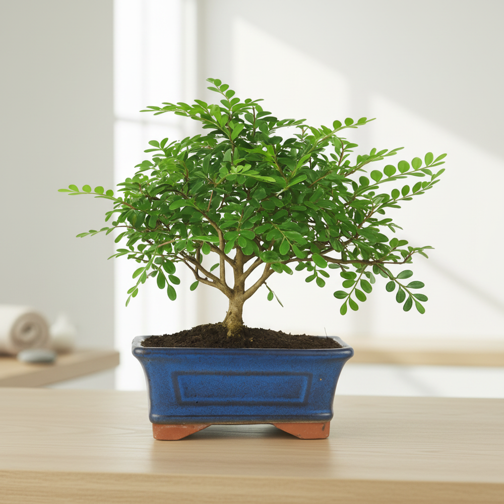 Bonsai Zanthoxylum Piperitum - dettaglio delle foglie verdi e del tronco in un ambiente luminoso