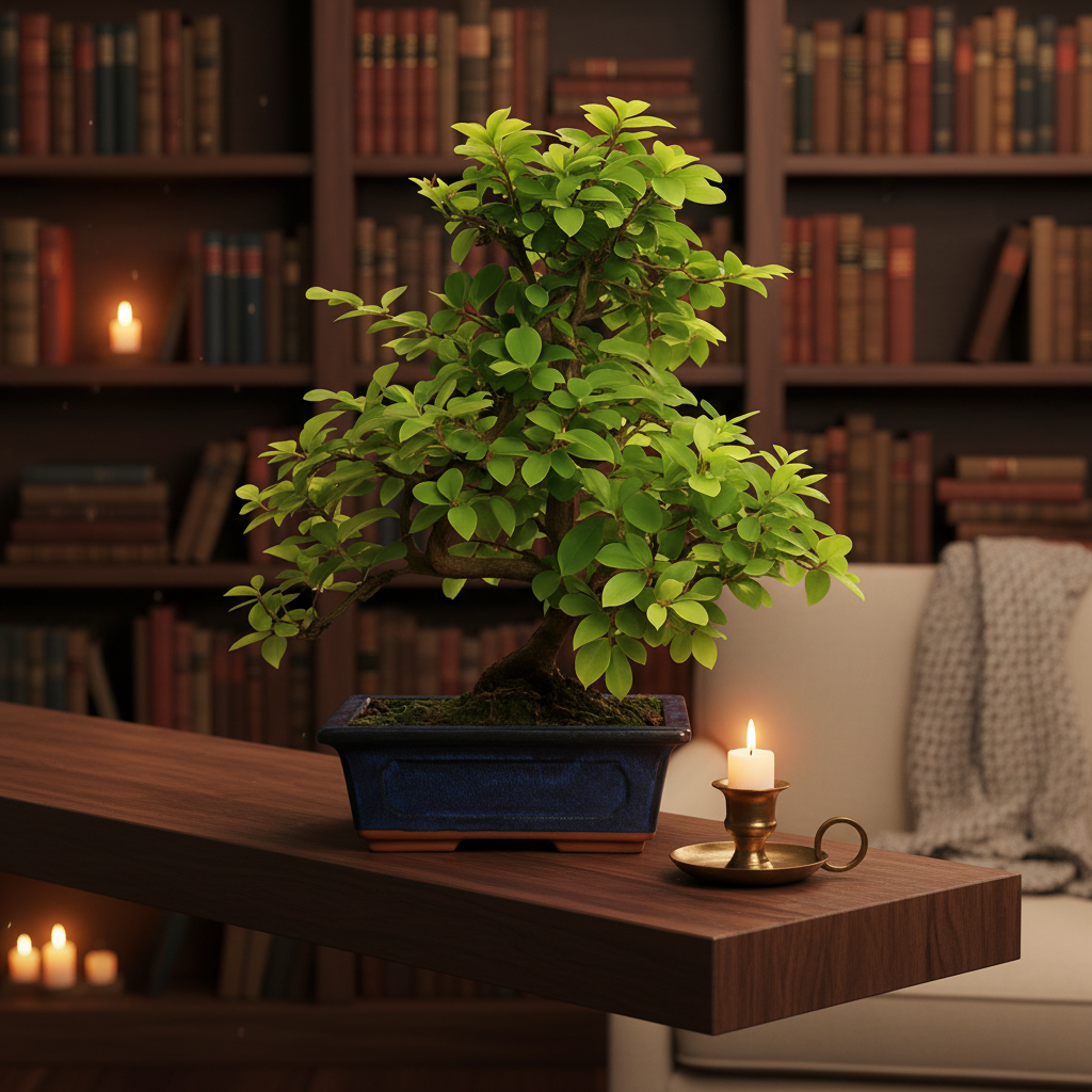 Bonsai Sageretia Theezans - foglie verdi e rami eleganti su una mensola in legno scuro