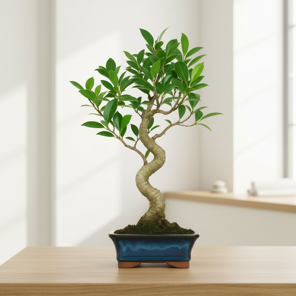 Bonsai Ficus Retusa - bonsai con tronco intrecciato su un tavolo in legno chiaro
