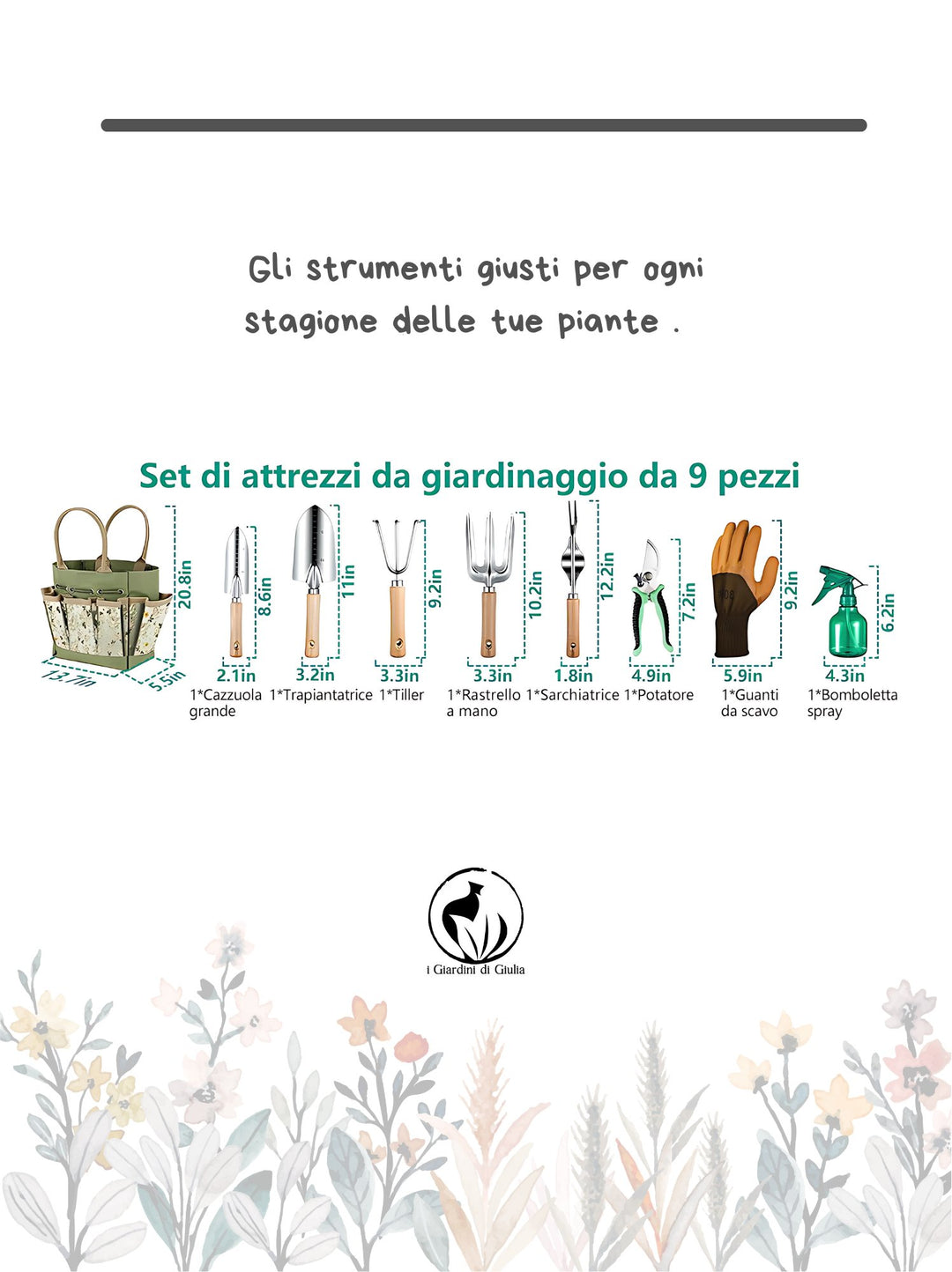 Kit Completo Attrezzi da Giardinaggio - Set 9 Pezzi con Borsa Organizer - i Giardini di Giulia