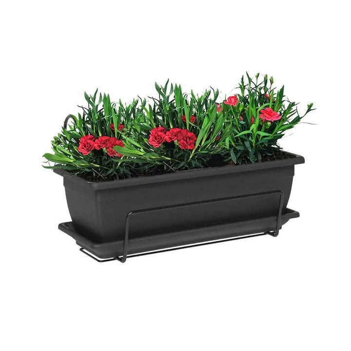 Kit fioriera Nara da balcone nera 40 cm con 3 Garofani rossi, sottovaso e supporto incluso – I Giardini di Giulia